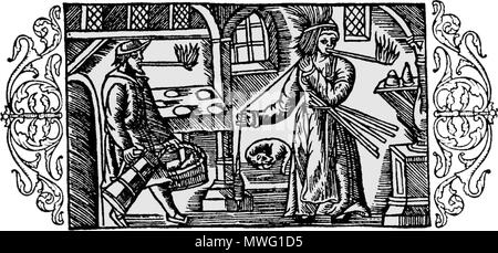 . Anglais : Un homme et une femme faire fatwood torches dans leur bouche afin d'avoir les deux mains libres. L'homme semble venir d'un garde-manger à l'extérieur avec une canette de bière et un panier avec de la nourriture. La femme est en train de tourner avec une quenouille. Elle porte des flambeaux dans sa ceinture. Un chien est en train de dormir à l'arrière-plan. 12 juin 2013, 14:48:56. Olaus Magnus 339 Kienspan Banque D'Images