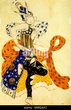 . Эскиз костюма Пери балету Дюка Поля к *Пери*. Design 1911 pour Nathalie Trouhanova's Costume comme La Péri 1911. Lithographie, coloriés à la main à l'aquarelle, la peinture d'or et d'argent. 59,8 x 43,7 cm. Collection Thyssen-Bornemisza. Lugano. 1911. Bakst 354 La Peri (Dukas) par L. Bakst 01 Banque D'Images