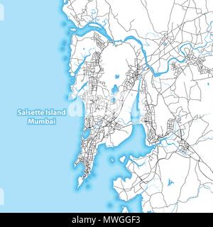 Deux tons carte de l'île de Salsette, Mumbai, Inde avec le plus grand des autoroutes, des routes et les îles et d'îlots Illustration de Vecteur