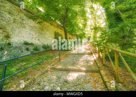 Sentiments de rêve sur l'ancien escalier de pierre abruptes en vert jardin public du village médiéval en Italie Banque D'Images