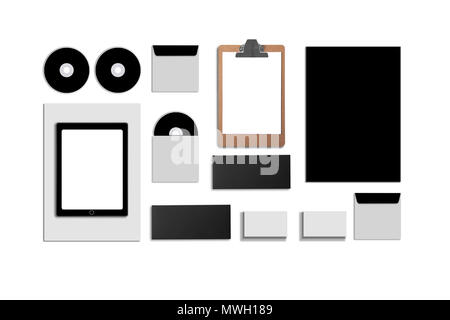 ID de l'entreprise blanc. Situé isolé sur blanc. Se composent de cartes d'affaires, dossier, tablette PC, enveloppes, a4 en-tête, des cahiers, crayons, flash, disque cd Banque D'Images