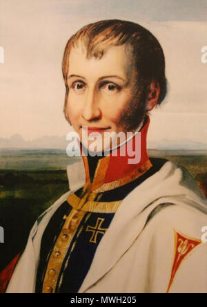 . Deutsch : Erzherzog Maximilian Joseph von Österreich-Este, 1782-1863 als Hoch- und Deutschmeister no56. vom 1835 Anglais : l'Archiduc Maximilien Joseph d'Autriche-Este 1782-1863, Grand Maître de l'Ordre des Chevaliers teutoniques n° 56. à partir de 1835 Magyar : Habsburg-Estei Miksa József főherceg 1782-1863, un Lovagrend nagymestere Allemand 56. 1835 . Scanné par w:DE:Benutzer:sur le Dralon 11. Juni 2005. Peinture à l'huile d'/ Ölbild Stecher von Franz (1814-1853), Musée de Leonding. Maximilien Joseph von Oesterreich-Este 408 1782 1863 Stecher Banque D'Images