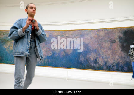 Une visiteuse photographier Claude Monet Nymphéas Nymphéas de peintures au musée de l'Orangerie Jardin des Tuileries à Paris France KATHY DEWITT Banque D'Images