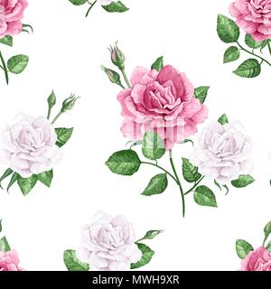 Fleurs rose, des pétales et des feuilles de style aquarelle sur fond blanc. Modèle sans couture pour textile, papier d'emballage, emballage, Illustration de Vecteur