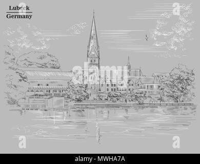 Avis sur l'église de Sainte Marie à Lubeck en Allemagne. Vector illustration monochrome isolé sur fond gris. Illustration de Vecteur