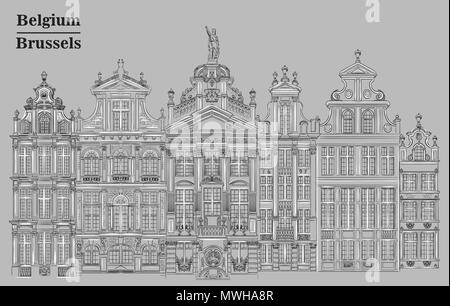 Grand Place à Bruxelles, Belgique. Vue de la Belgique. Vector illustration dessin à la main en noir et blanc isolé sur fond gris. Illustration de Vecteur