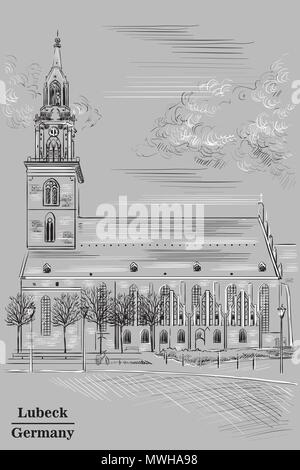 Église de Sainte Marie à Berlin (Allemagne), de Lubeck. Vue de Berlin. Vector illustration dessin à la main en noir et blanc isolé sur gray backg Illustration de Vecteur