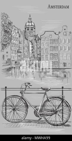 Location sur pont sur le canal d'Amsterdam, Pays-Bas. Monument de Pays-bas. Vector illustration dessin à la main en noir et blanc couleurs isolat Illustration de Vecteur