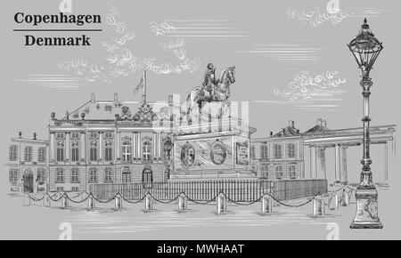 La place d'Amalienborg à Copenhague, Danemark. Vue du Danemark. Vector illustration dessin à la main en noir et blanc isolé sur fond gris Illustration de Vecteur