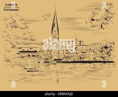 Avis sur l'église de Sainte Marie à Lubeck en Allemagne. Vector illustration monochrome isolé sur fond brun. Illustration de Vecteur