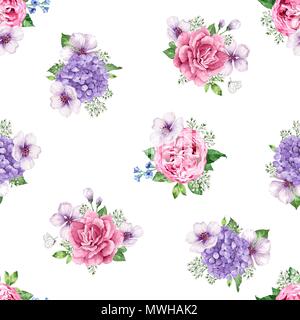 Apple Tree, roses, hortensia fleurs pétales et des feuilles de style dans l'aquarelle sur fond blanc. Modèle sans couture pour textile, du papier d'emballage, l'emballage Illustration de Vecteur