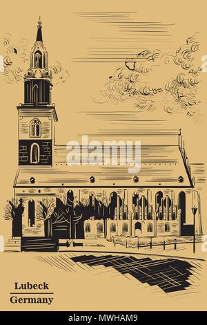 Église de Sainte Marie à Berlin (Allemagne), de Lubeck. Vue de Berlin. Dessin vectoriel illustration en couleur noir isolé sur fond brun. Illustration de Vecteur