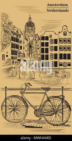 Location sur pont sur le canal d'Amsterdam, Pays-Bas. Monument de Pays-bas. Dessin vectoriel illustration en couleur noir isolé sur brown Illustration de Vecteur