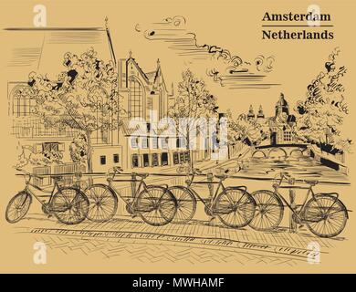 Des vélos sur pont sur les canaux d'Amsterdam, Pays-Bas. Monument de Pays-bas. Dessin vectoriel illustration en couleur noir isolé sur bro Illustration de Vecteur