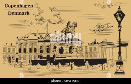 La place d'Amalienborg à Copenhague, Danemark. Vue du Danemark. Dessin vectoriel illustration en couleur noir isolé sur fond brun. Illustration de Vecteur