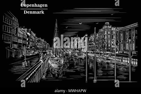 Quai de Copenhague, Danemark. Vue du Danemark. Vector illustration dessin à la main en blanc isolé sur fond noir. Illustration de Vecteur