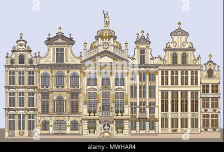 Grand Place à Bruxelles, Belgique. Vue de la Belgique. Colorful vector dessin illustration isolé sur fond bleu. Illustration de Vecteur