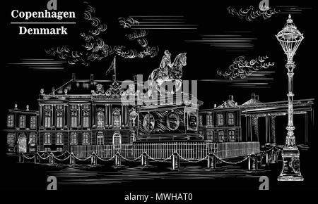 La place d'Amalienborg à Copenhague, Danemark. Vue du Danemark. Vector illustration dessin à la main en blanc isolé sur fond noir. Illustration de Vecteur