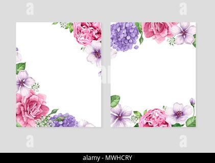 Modèle vierge floral set. Des fleurs dans un style aquarelle isolé sur fond blanc pour les bannières web, la polygraphie, mariage invitation, frontière. Illustration de Vecteur