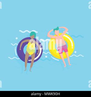 Vue de dessus de l'homme et la femme couchée sur un anneaux en caoutchouc dans une piscine Illustration de Vecteur
