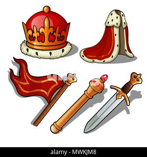 Les attributs du roi. Couronne, manteau, bannière, sceptre, et l'épée. Vector illustration. Illustration de Vecteur