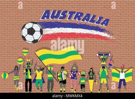 Australian football fans cheering avec couleurs du drapeau de l'Australie en face de ballon de soccer des graffitis. Tous les objets sont dans des couches différentes et le texte ty Illustration de Vecteur