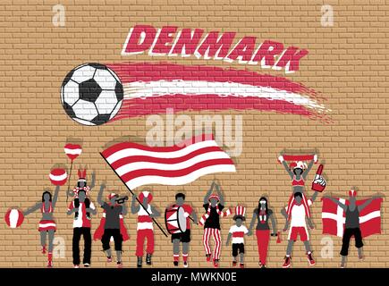 Le football danois fans cheering avec couleurs drapeau Danemark en face de ballon de soccer des graffitis. Tous les objets sont dans des couches différentes et le texte types n Illustration de Vecteur