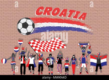 Acclamations des fans de football croate Croatie avec des couleurs du drapeau en face de ballon de soccer des graffitis. Tous les objets sont dans des couches différentes et les types de texte Illustration de Vecteur