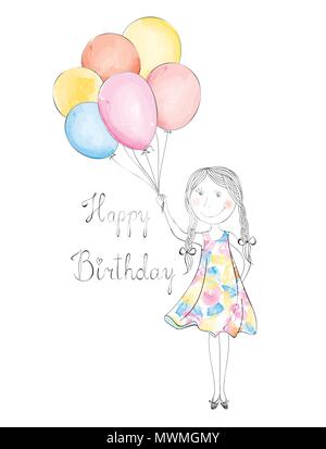 Fille avec des ballons. Joyeux anniversaire carte de vœux. Maison de vacances salutation main appelée poster avec lettrage manuscrit JOYEUX ANNIVERSAIRE Illustration de Vecteur