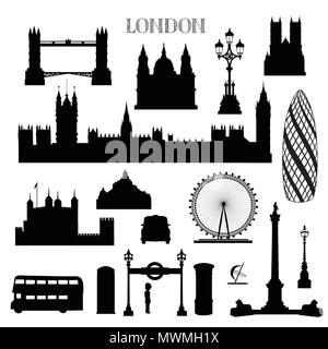 London city icon set. L'Angleterre Vue d'ossature avec lettrage sur fond blanc. Billet d'endroits célèbres supports Illustration de Vecteur