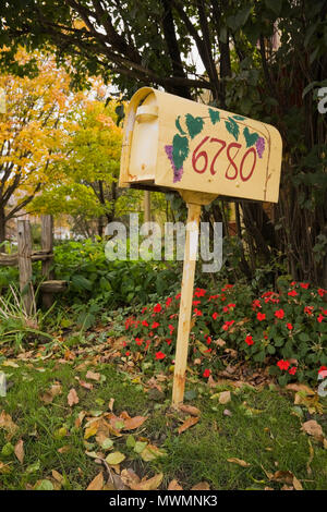 Close-up of a peint et décoré à la main boîte aux lettres sur un post sur une pelouse résidentielle en automne Banque D'Images