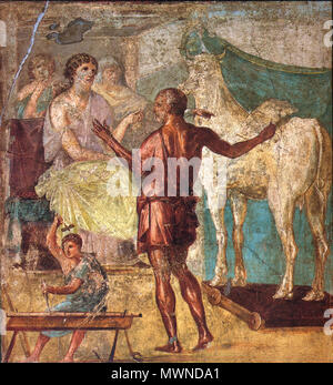 . Anglais : Daedalus, Pasiphae et vache en bois. Fresque romaine du mur nord du triclinium dans la Casa dei Vettii VI (15,1) à Pompéi. Deutsch : Daedalus übergibt Pasiphae, der Gemahlin des Minos, die Kuh hölzerne. Römisches Fresko von der Nordwand des Tricliniums in der Casa dei Vettii VI (15,1) dans Pompeji. 13 mars 2009. WolfgangRieger 492 Pompéi - Casa dei Vettii - Pasiphae Banque D'Images