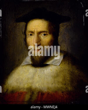 . Portrait d'un homme barbu dans une robe rouge garni de fourrure avec un collier blanc. L'école allemande, vers 1650. Huile sur panneau, 16,9 x 14,6 cm . 17e siècle. 495 anonyme Portrait d'un homme barbu dans une robe rouge garni de fourrure avec un collier blanc Banque D'Images