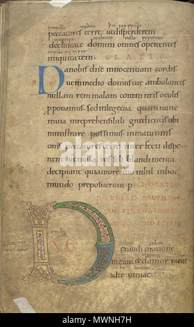 . Anglais : Folio 111 verso à partir d'un psautier (British Library, Stowe 2). Initial D du psaume 101 (Hébreu 102) : Domine exaudi orationem meam, et clameur meus ad te veniat (O Seigneur, écoute ma prière, et que mon cri venu vers toi) . Mme Stowe BL 2505 vInitialD PsalterBLStowe2Folio111 Banque D'Images