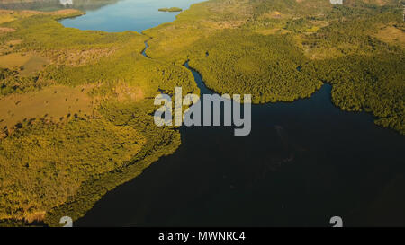Paysage, à l'aube de temps avec montagnes, forêts tropicales, bay, forêt de mangrove. PhilippinesPalawan Coron Busuanga Banque D'Images