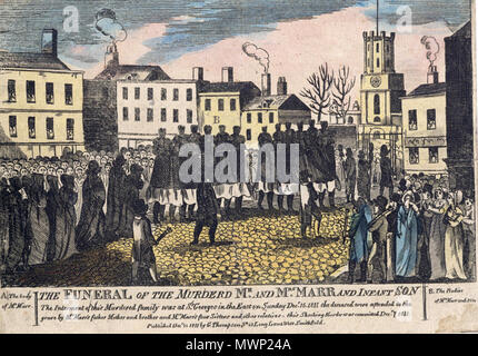 . Anglais : Les funérailles de l'assassiné M. et Mme Marr et fils l'inhumation de cette famille a été assassiné à St Georges, à l'Est le dimanche, Décembre 15, 1811. La personne décédée avait assisté à la tombe par M. Marr's père, mère et frère et Mme Marr's quatre sœurs et autres parents. Cette assassinat a été commis le 7 décembre 1811. Publié le 24 déc, 1811 par G. Thompson n°43 Long Lane, West Smithfield . 23 mai 2012. G. Thomson 513 Ratcliffe Highway meurtres - Funérailles de la famille Marr Banque D'Images