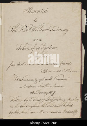 . Une page du manuscrit soixante-deux spécimens de castes dans l'Inde, qui se compose de 72 full-color images peintes à la main des hommes et des femmes des différentes castes et groupes ethniques et religieux trouvés dans Madura, de l'Inde à l'époque. Chaque dessin a été faite sur le mica, un minéral floconneux, transparent qui répartit en fines, feuilles transparentes. Comme indiqué sur la page de présentation, l'album a été compilé par le maître d'écriture à l'école anglaise établie par missionnaires américains à Madura, et donné à la Révérend William Twining. Le manuscrit montre robe indienne et dans la parure de bijoux Banque D'Images
