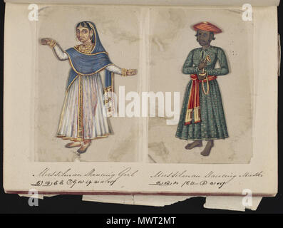. Une page du manuscrit soixante-deux spécimens de castes dans l'Inde, qui se compose de 72 full-color images peintes à la main des hommes et des femmes des différentes castes et groupes ethniques et religieux trouvés dans Madura, de l'Inde à l'époque. Chaque dessin a été faite sur le mica, un minéral floconneux, transparent qui répartit en fines, feuilles transparentes. Comme indiqué sur la page de présentation, l'album a été compilé par le maître d'écriture à l'école anglaise établie par missionnaires américains à Madura, et donné à la Révérend William Twining. Le manuscrit montre robe indienne et dans la parure de bijoux Banque D'Images