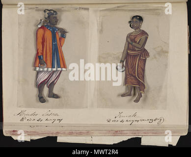 . Une page du manuscrit soixante-deux spécimens de castes dans l'Inde, qui se compose de 72 full-color images peintes à la main des hommes et des femmes des différentes castes et groupes ethniques et religieux trouvés dans Madura, de l'Inde à l'époque. Chaque dessin a été faite sur le mica, un minéral floconneux, transparent qui répartit en fines, feuilles transparentes. Comme indiqué sur la page de présentation, l'album a été compilé par le maître d'écriture à l'école anglaise établie par missionnaires américains à Madura, et donné à la Révérend William Twining. Le manuscrit montre robe indienne et dans la parure de bijoux Banque D'Images