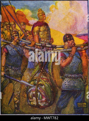 . 'Ils ont transporté avec eux la tête hideuse de Grendel." Une illustration de 4 hommes portant la tête de Grendel. Marshall, Henrietta Elizabeth (1908) Histoires de Beowulf, T.C. & C.e. Jack, p. 63 histoires de Beowulf-88.jpg . 1908. J. R. Skelton 577 histoires de la tête de grendel beowulf Banque D'Images