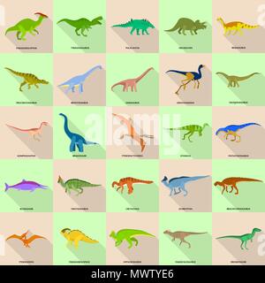 Types de dinosaures nom signé icons set, style plat Illustration de Vecteur