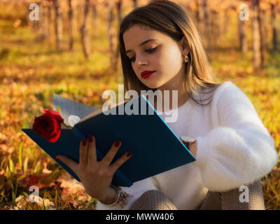 Jeune fille lisant un livre assis dans la nature Banque D'Images