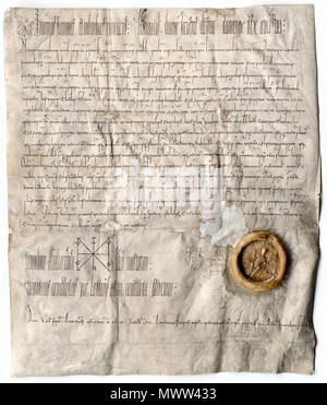 . Deutsch : Eventuell gefälschte Schenkungsurkunde Heinrich III. (HRR) über ein Lehen en Thuringe un Ludwig den Bärtigen im Jahre 1044. 31 janvier 2008. Inconnu 606 ThStA Gotha QQ J g 2r Banque D'Images