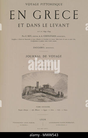 . Anglais : Étienne Rey. Voyage pittoresque en Grèce et dans le Levant fait en 1843-1844, vol. Ι-ΙΙ, Lyon, Louis Perrin, MDCCCLXVII (1867) . Entre 1843 et 1844. Étienne Rey (1789-1867) Noms alternatifs Etienne Rey Description peintre et professeur d'université le peintre français Date de naissance/décès 1789 1867 Contrôle d'autorité : Q23900264 : 8532657 VIAF ISNI : 0000 0000 6685 5854 ULAN : 500108204 RCAC : pas d00007442 GND : 131908278 609 WorldCat page de titre du second volume de l'ouvrage Composition- l'acropole d'Athènes et les pyramides de Gizeh - Etienne Rey - 1867 Banque D'Images