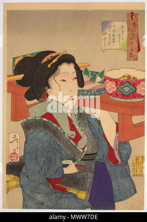 . Tsukioka Yoshitoshi : anglais (1839 - 1892) 'à la pesée à l'apparence d'une serveuse à Fukagawa dans l'ère Tempo' ( 1830 - 1844 ). À partir de l'ensemble : Trente-deux aspects de la femme publié par Tsunashima Kamekichi, 1888. La serveuse est illustré portant un plateau de riz, le sashimi et les haricots. 1888. Yoshitoshi (1839-1892) Noms alternatifs Taiso Yoshitoshi peintre et illustrateur japonais Description Date de naissance/décès 30 Avril 1839 9 juin 1892 Lieu de naissance/décès Ryogoku Edo période de travail, lieu de travail de l'Ukiyo-e, Edo Tokyo contrôle d'autorité : Q467337 : VIAF 59096037 ISNI : 0000 000 Banque D'Images