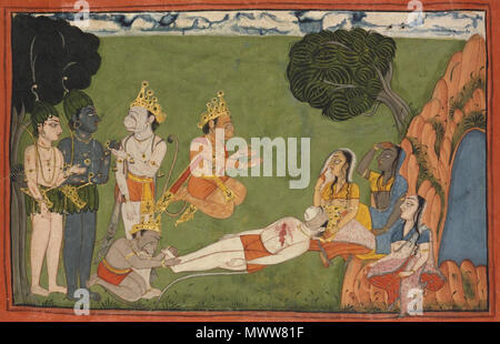 . English : 'la mort de Valin et discours de Tara la Page d'une série dispersés du Ramayana dans Himachal Pradesh, l'Inde ou le Jammu-et-Cachemire, l'Inde c. 1720 Artiste inconnu, l'Inde, l'Himachal Pradesh, le Jammu-et-Cachemire ou aquarelle opaque, de l'or et de couleur argent, peinture sur papier 8 1/4 x 12 1/8 po (21 x 30,8 cm) 2004-149-30 Alvin O. Bellak, Collection 2004 Label Cette scène du Ramayana série est le point culminant de la lutte pour l'état de l'uni de singe. Le frère de Rama affronte Sugriva, Valin, le roi légitime des singes, et le tue. Cette peinture représente le moment Banque D'Images