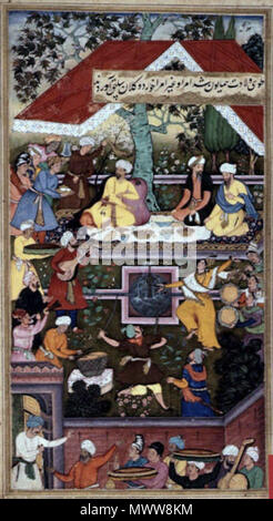 . Anglais : Babur célèbre la naissance de Humayun dans le Chahar Bagh de Kaboul (1508) ; une illustration pour les mémoires de l'Empereur Babur, 'Vaqi Baburi 'at-i', par Sur le gujarati, c.1590* . vers 1590. Sur Gujarati 85 Birthcelebration Banque D'Images