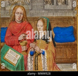 . Anglais : Jeanne de Castille en priant, accompagné de Jean l'Evangéliste, d'heures de Jeanne de Castille, Bruges . 7 juillet 2009. Miniaturistes médiévaux 317 Joanna de Castille prier, accompagné de Jean l'Evangéliste, d'heures de Jeanne de Castille, Bruges, entre 1496 et 1506, d'autres, 18852 f. 288 Détail Banque D'Images