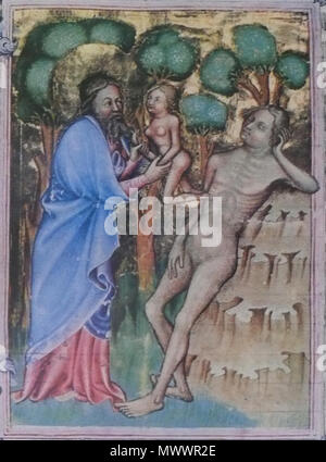 . English : Eve tirée de la côte d'Adam, miniature de la Bible de Wenceslas Čeština : Stvoření Evy z Bible Václava IV. 15e siècle. StvoreniEvy 580 Anonyme Banque D'Images