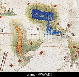 . Détail agrandi montrant la Mer Rouge et le golfe Persique comme vu en 1502 dans le Cantino carte du monde. Carte manuscrite le plus important de survivants de l'âge précoce de la découverte, la Cantino Carte du Monde porte le nom d'Alberto Cantino, un agent diplomatique à Lisbonne qui l'a obtenue en 1502 pour le Duc de Ferrare. Il intègre des nouvelles de l'information géographique en fonction de quatre séries de voyages : Columbus pour les Caraïbes, Pedro Alvarez Cabral au Brésil, Vasco de Gama suivie par Cabral à l'Est de l'Afrique et l'Inde, et les frères Corte-Real au Groenland et Terre-Neuve. À l'exception de Colomb, tous les Banque D'Images